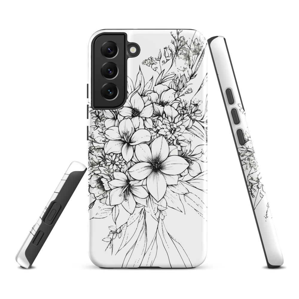 Black and white floral phone case with hand-drawn lilies and wildflowers