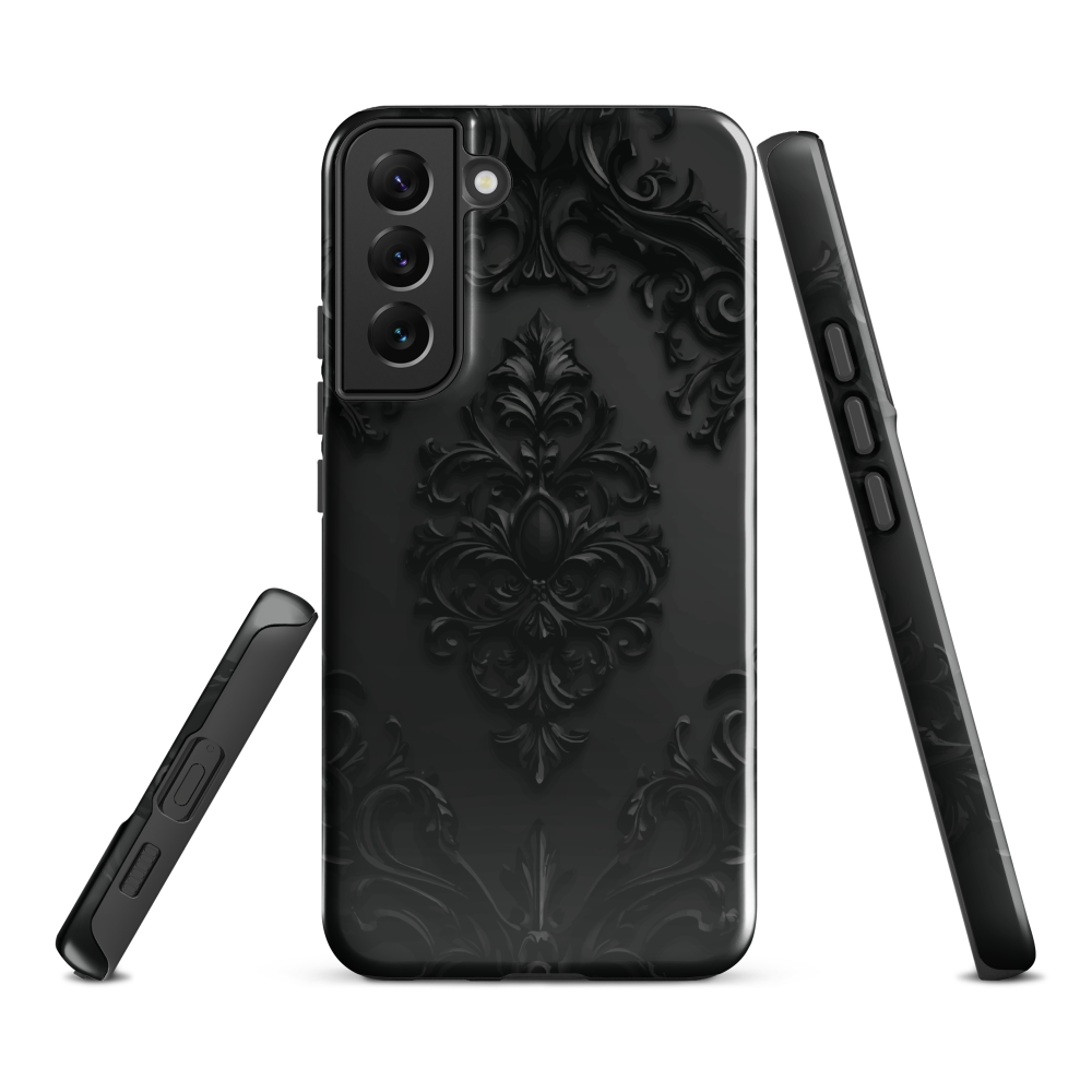 Black embossed damask phone case with gothic baroque pattern.