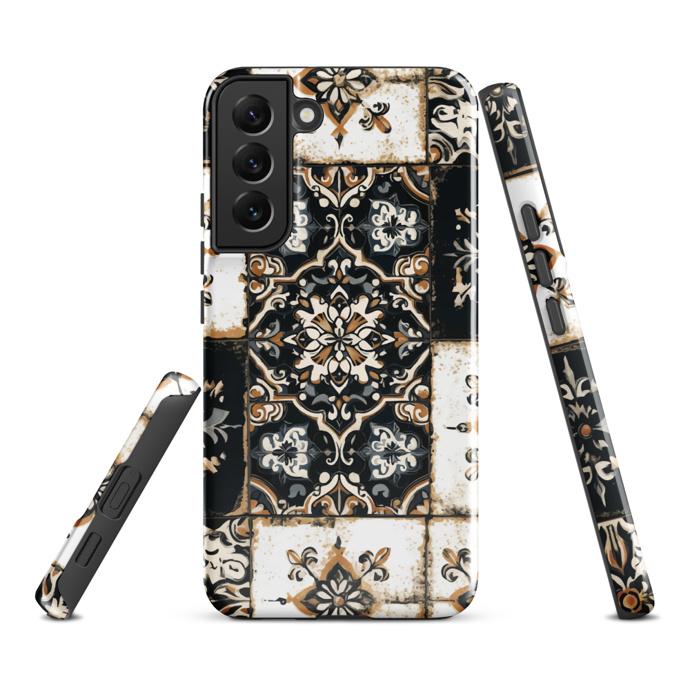 Moroccan tile pattern phone case in black, white, and gold tones with vintage-inspired design.