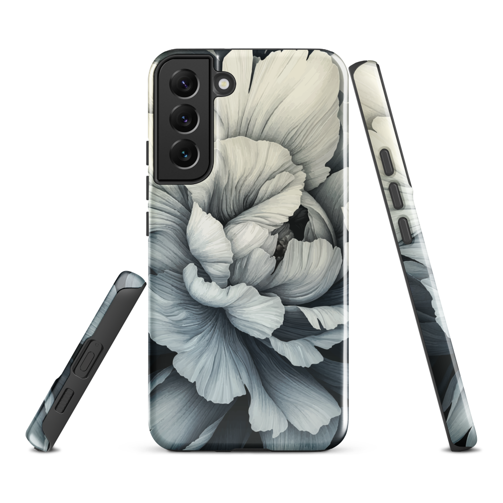 Black and white floral phone case featuring a soft, moody peony design by New Zealand artist Ben Hart.