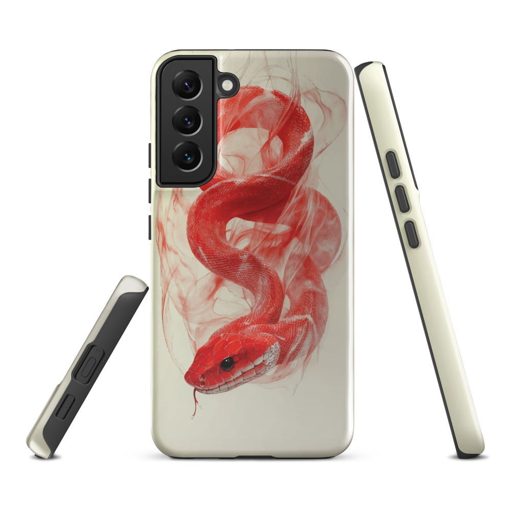 Phone case with red snake design on a cream background, coiled in smoky detail. Bold artwork by NZ designer Ben Hart.