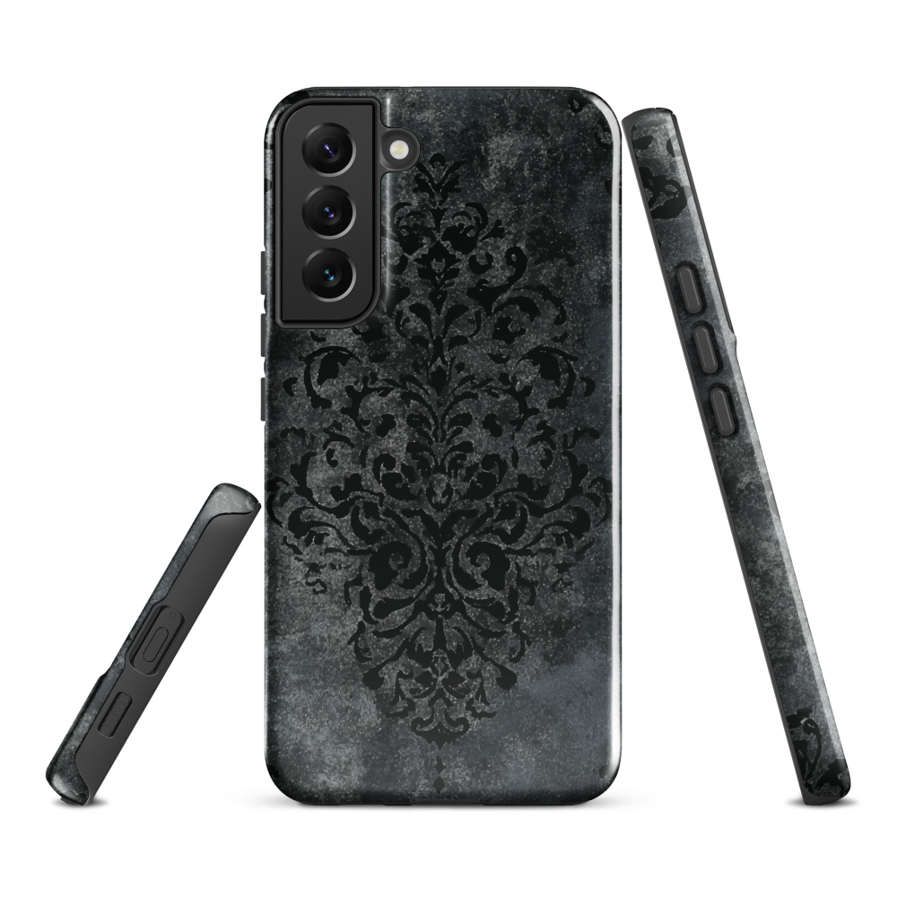 Dark damask patterned phone case with a vintage gothic aesthetic and textured stone background.
