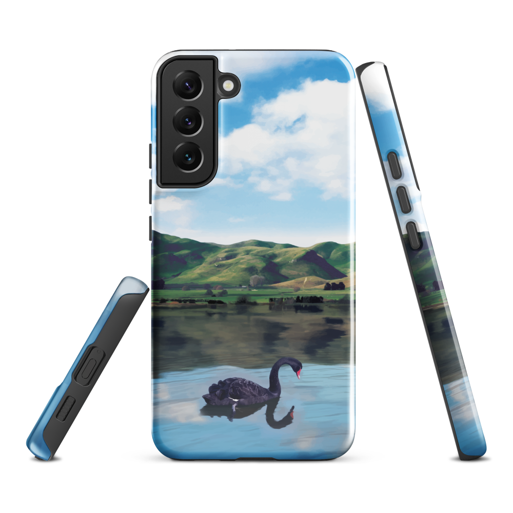 Phone case with a black swan on a calm lake, New Zealand hills in the background. Art by NZ designer Ben Hart.