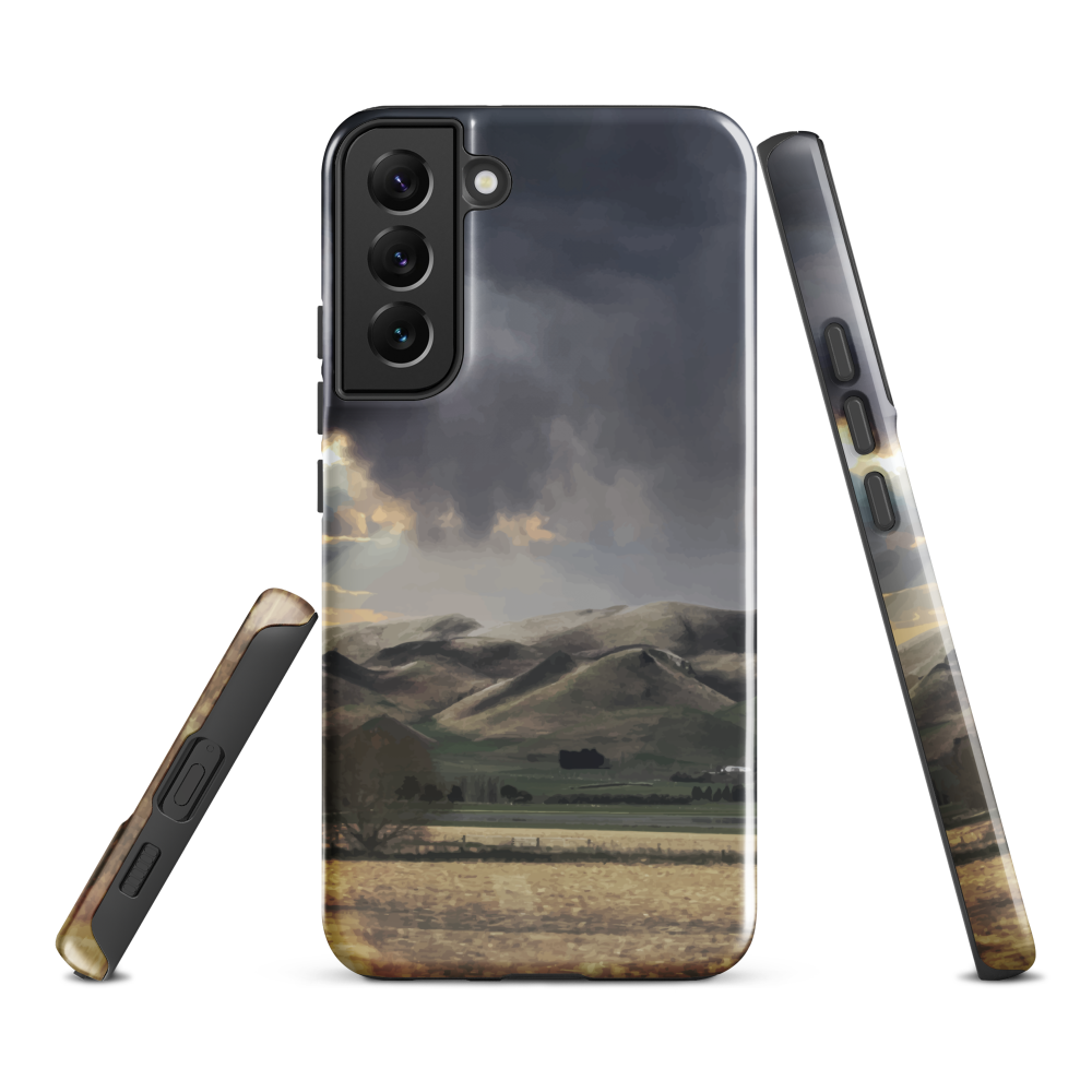 Designer phone case with NZ landscape painting of Te Hauke and cloudy skies by Ben Hart.