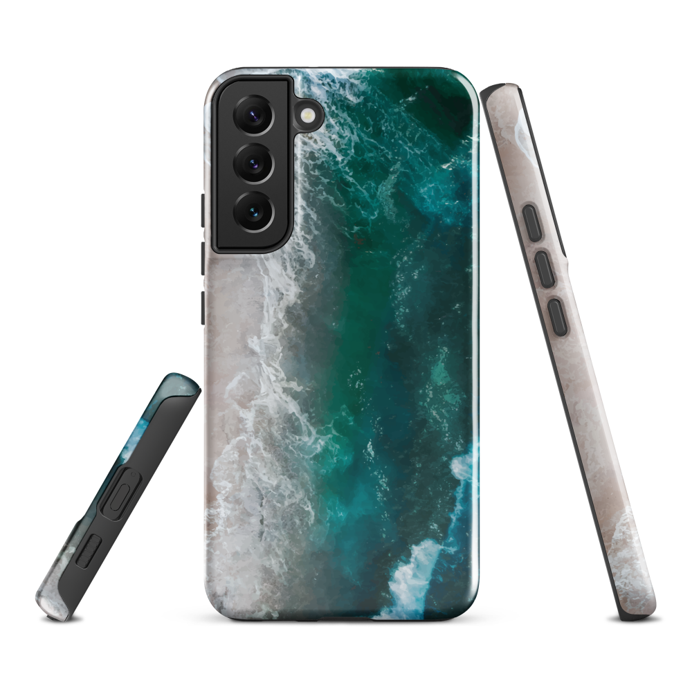 Ocean wave phone case with abstract beach design in teal and white, by NZ artist Ben Hart.