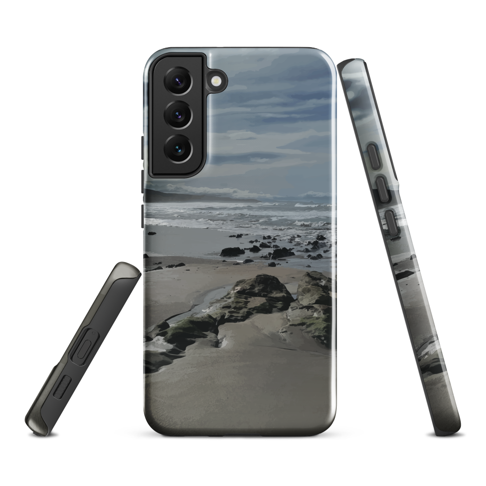 Phone case with artwork of Riversdale Beach, Masterton – rocks, waves and sky by NZ artist Ben Hart.