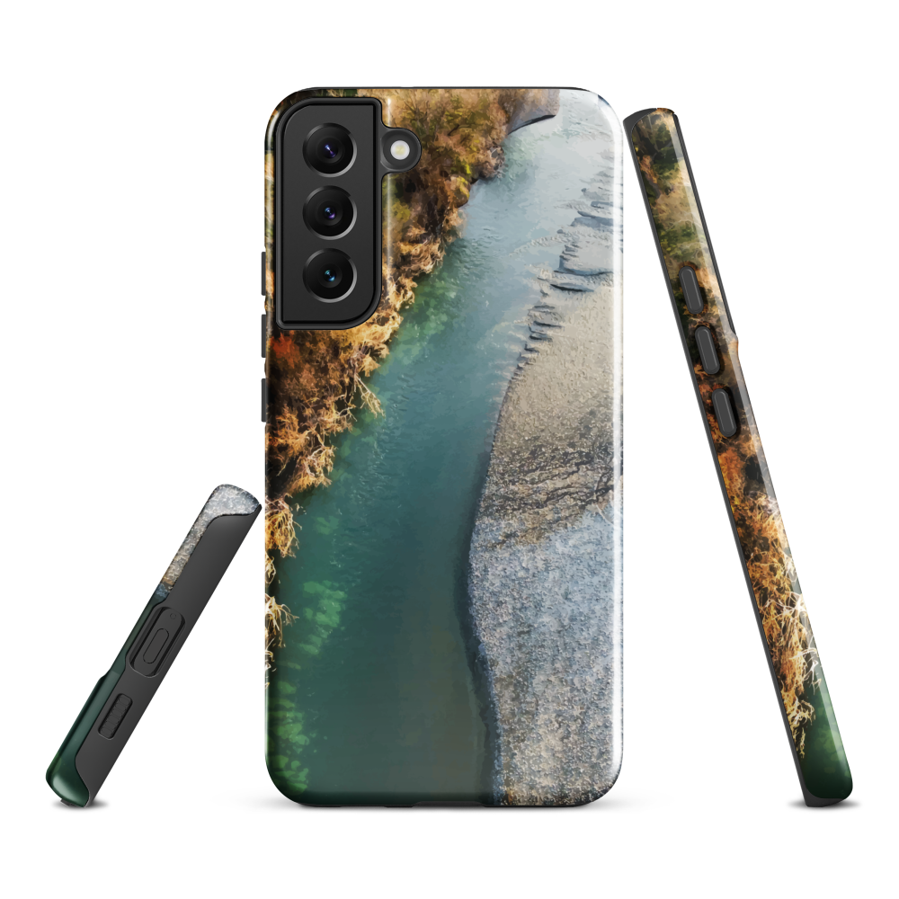 Phone case with aerial riverbend artwork and earthy tones, designed by New Zealand artist Ben Hart.