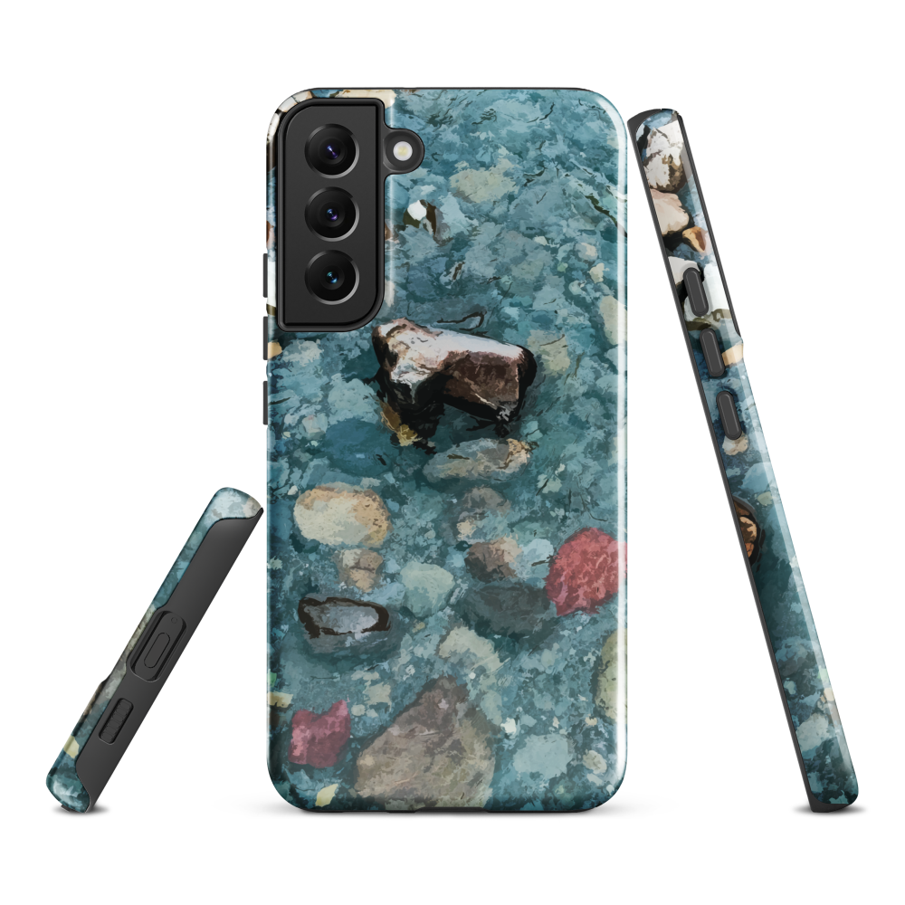 Washed Away designer phone case with abstract river stone artwork in earthy blues and natural tones.