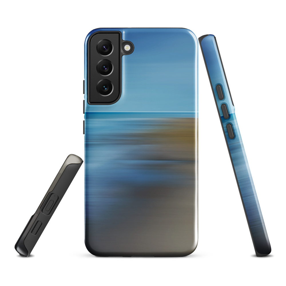 Ocean Breeze phone case with abstract blue and sandy tones inspired by sea and sky.