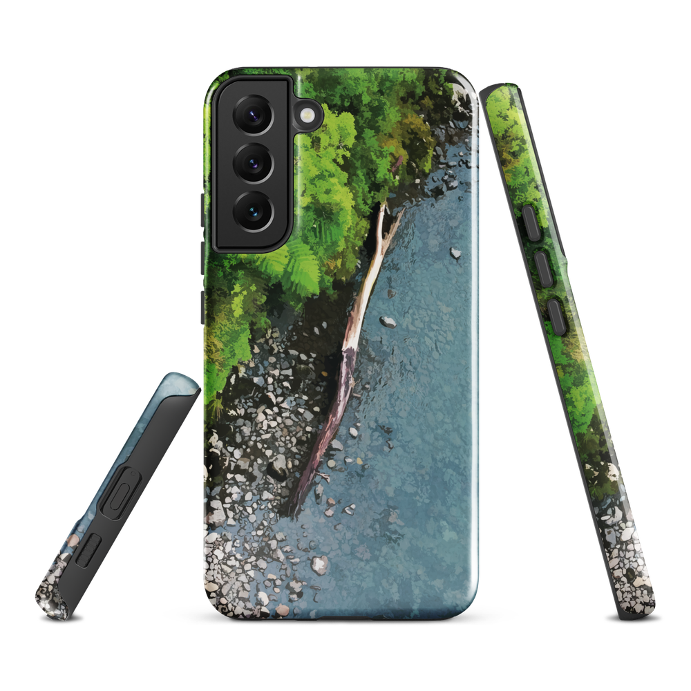 Resting Place phone case with aerial artwork of river rocks, green bush, and driftwood in a New Zealand stream.