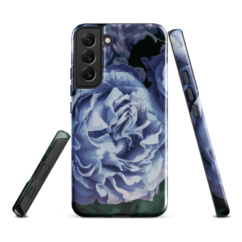 Designer phone case with a bold blue rose artwork and glossy finish.