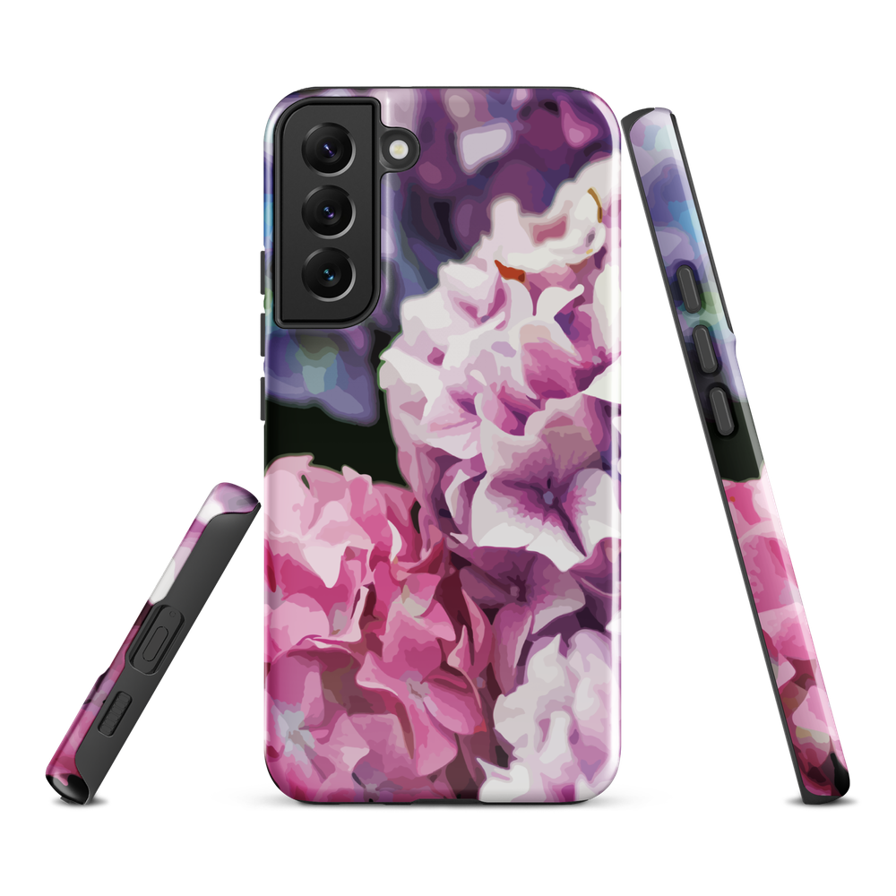 Designer phone case with pink and purple hydrangea floral artwork.