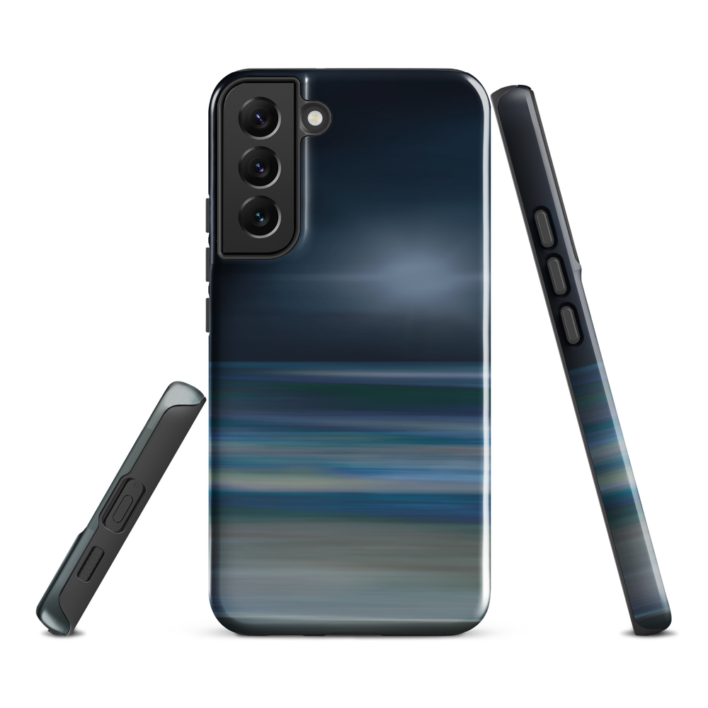 Dark abstract phone case with blue and grey streaks and glossy finish.