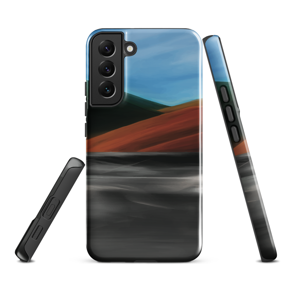 Phone case with abstract red, green, and blue heat wave landscape design.