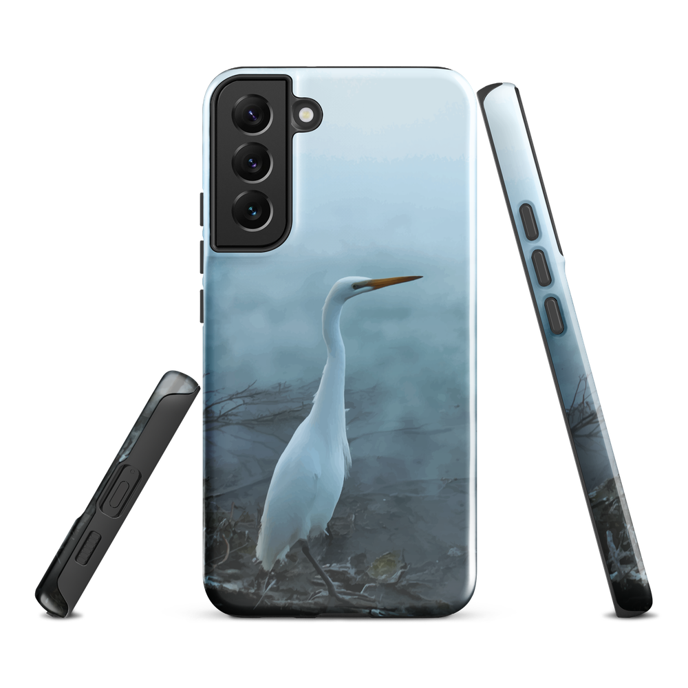 Phone case with a white heron standing in a misty wetland scene.