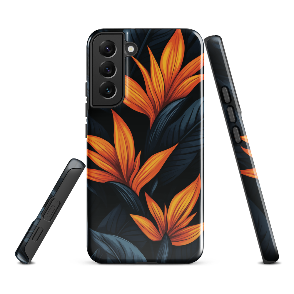 Phone case with bold orange bird of paradise flowers on dark background.