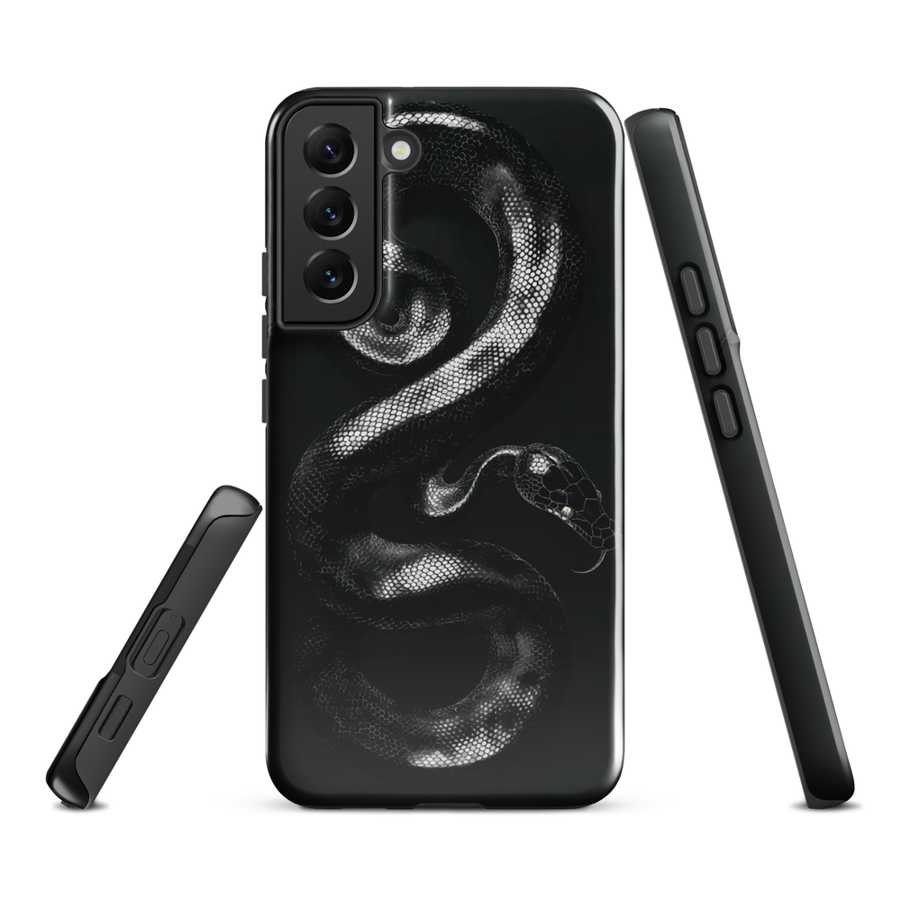 Phone case with detailed black python design on dark background.