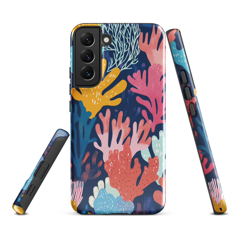 Colourful coral reef phone case design in pink, blue and yellow by NZ artist Ben Hart