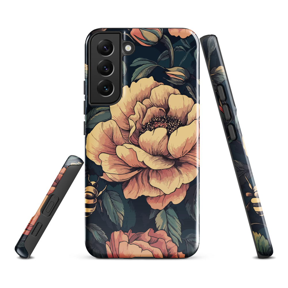 Phone case with vintage-style pink roses and bees on dark background, floral New Zealand artwork.