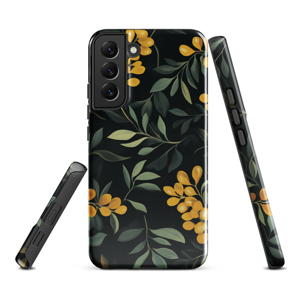 NZ Kowhai phone case with native yellow floral and green leaves on black background by designer Ben Hart.