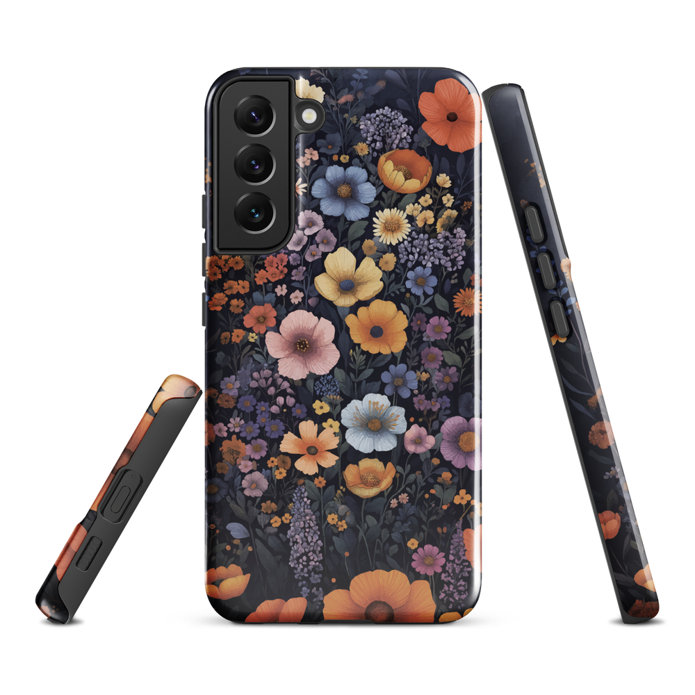 Phone case with colourful wildflowers on dark background, floral art design