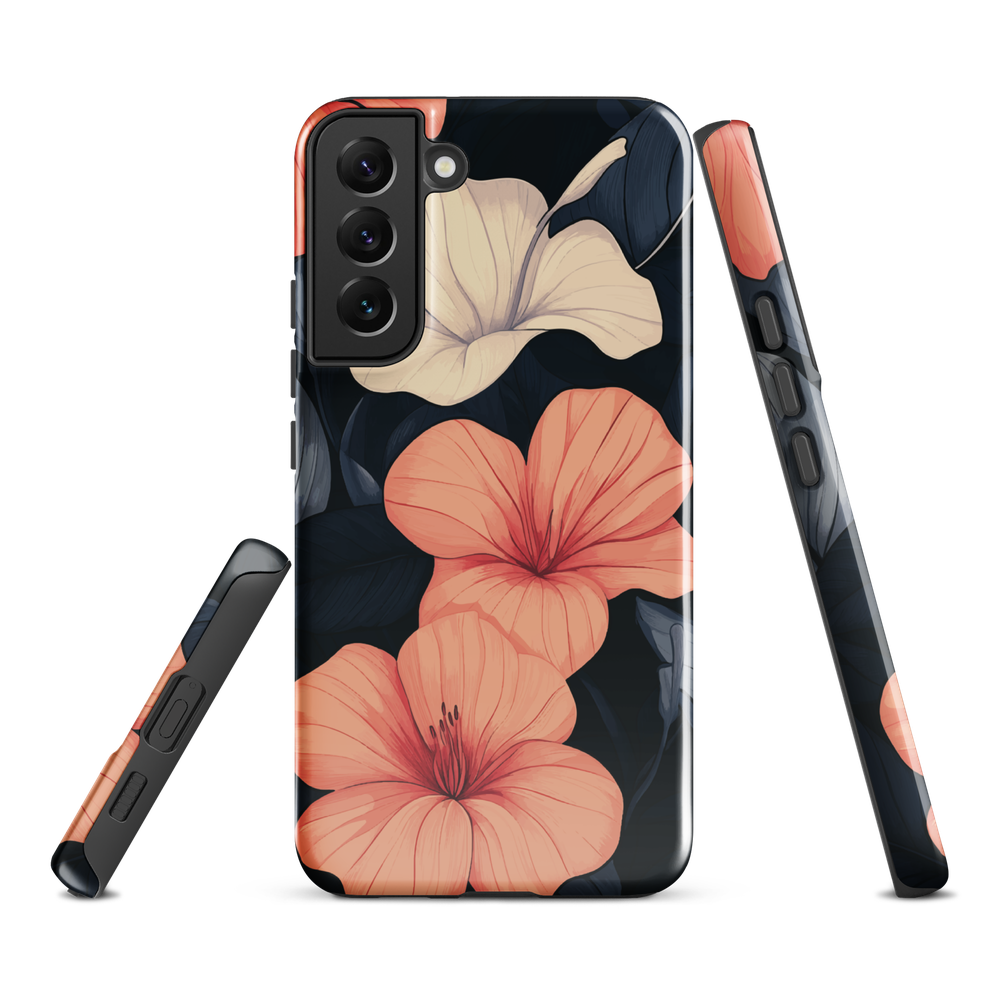 Phone case with coral hibiscus flowers and ivory blooms on dark background