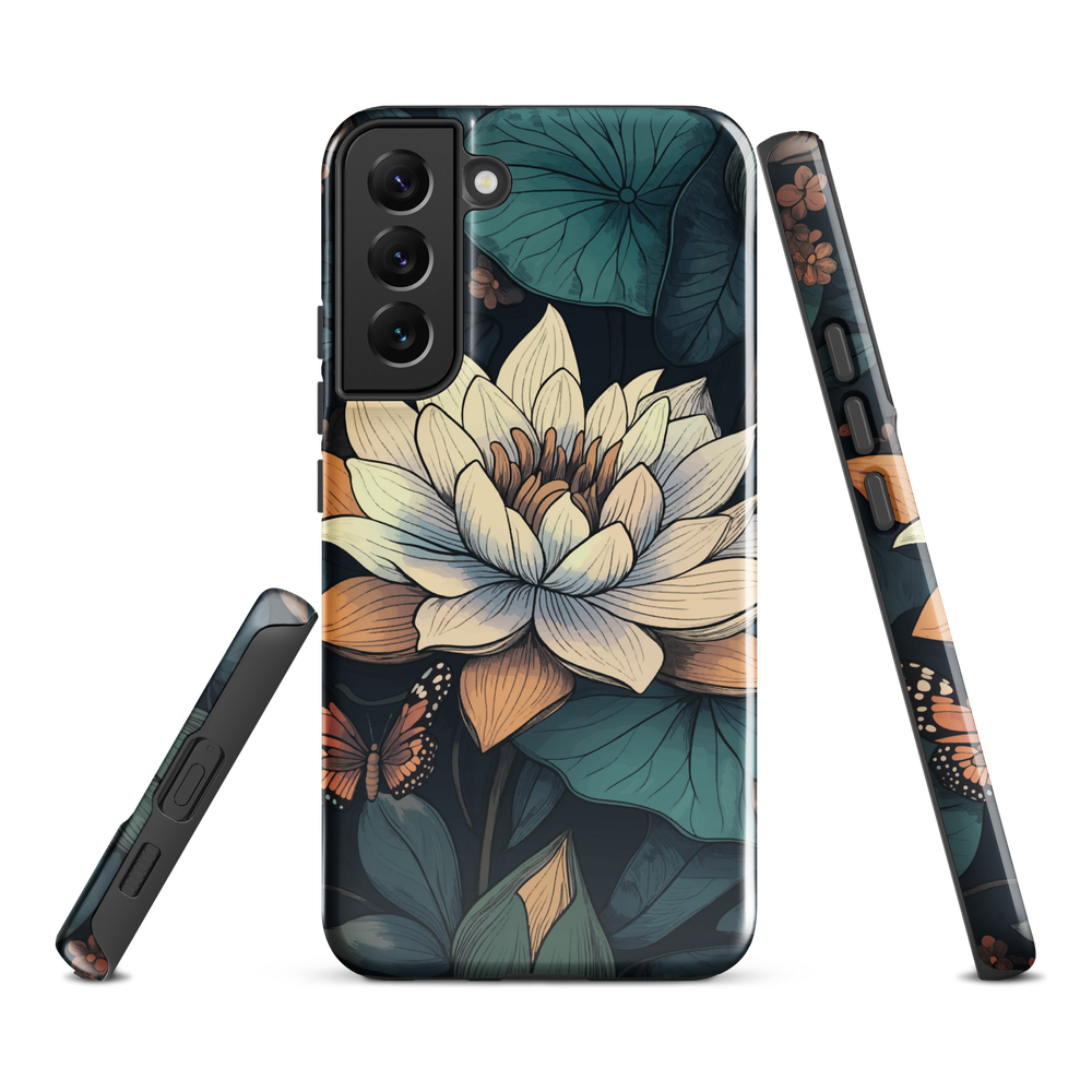 Phone case with ivory water lily, green leaves, and butterfly accents on dark background