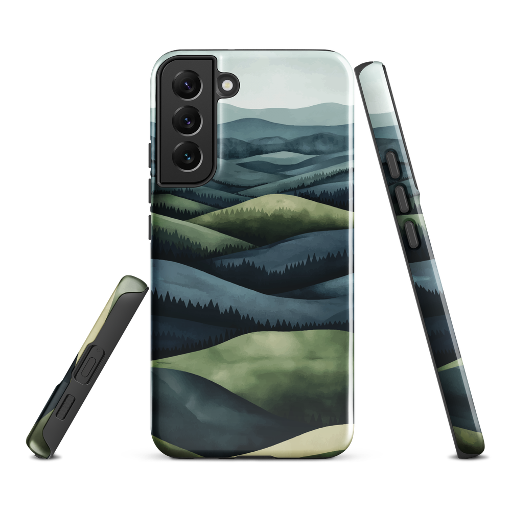 Phone case with layered mountain and forest landscape in blue and green hues