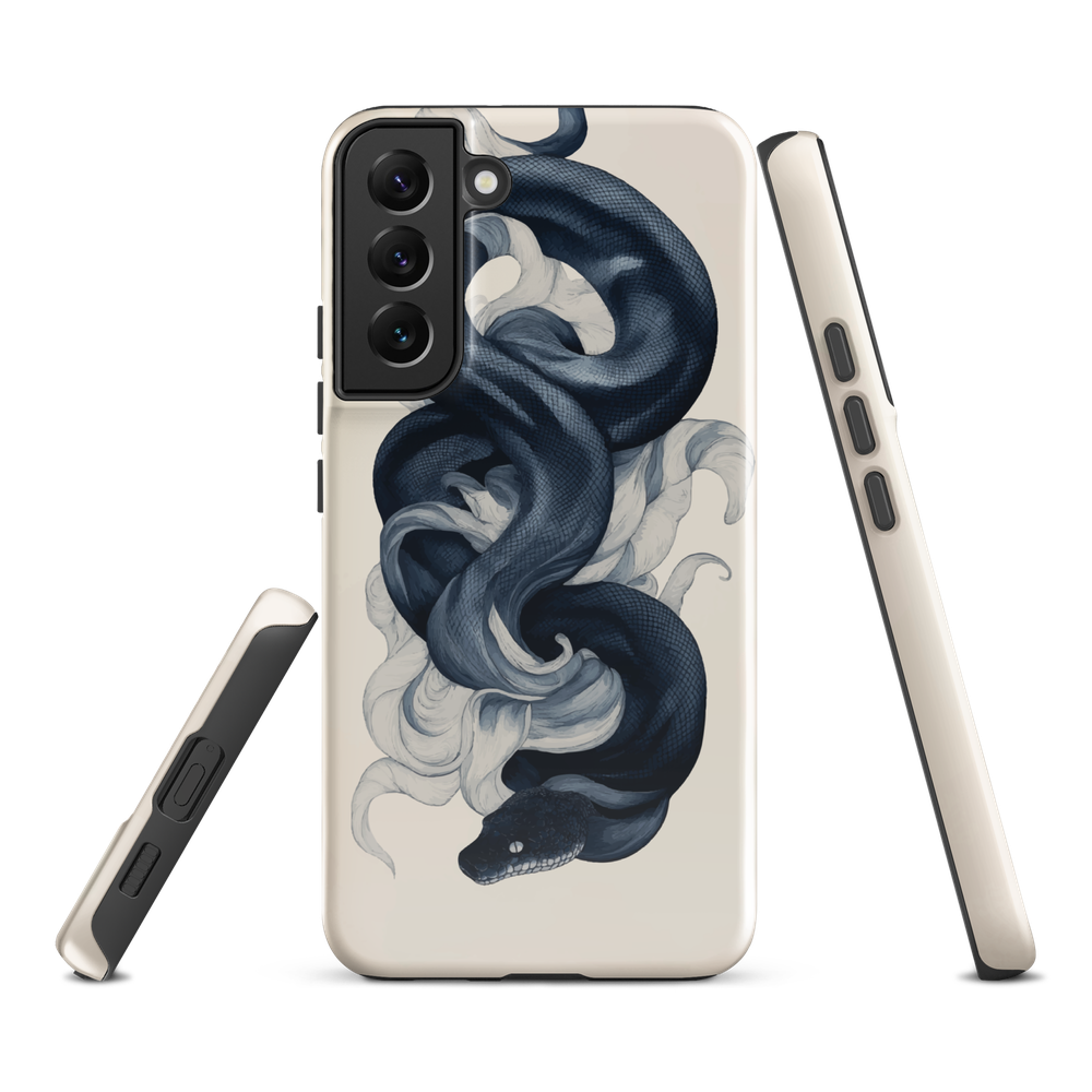 Phone case with black python and smoke design on cream background, serpent art by NZ artist Ben Hart.