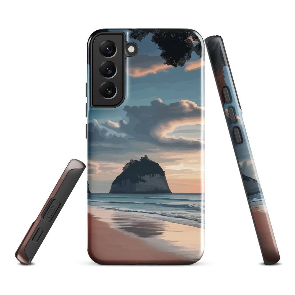 Phone case with Cathedral Cove beach and sunset scene, featuring soft skies and sea stack, by NZ artist Ben Hart.