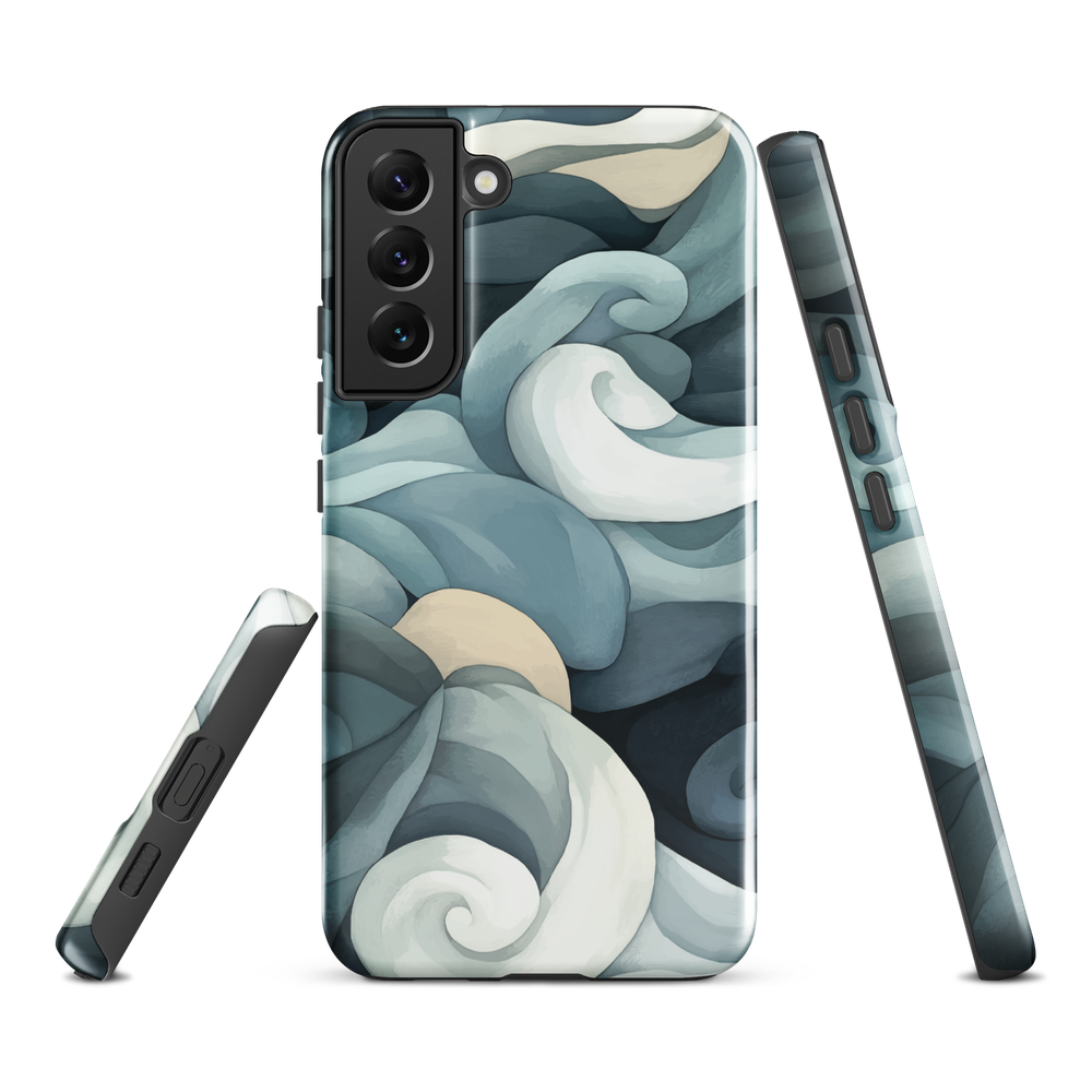 Phone case with abstract swirling ocean waves in blue and cream