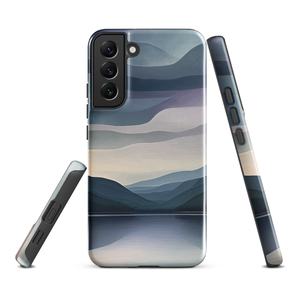 Phone case with moody blue and purple layered mountain and lake landscape artwork