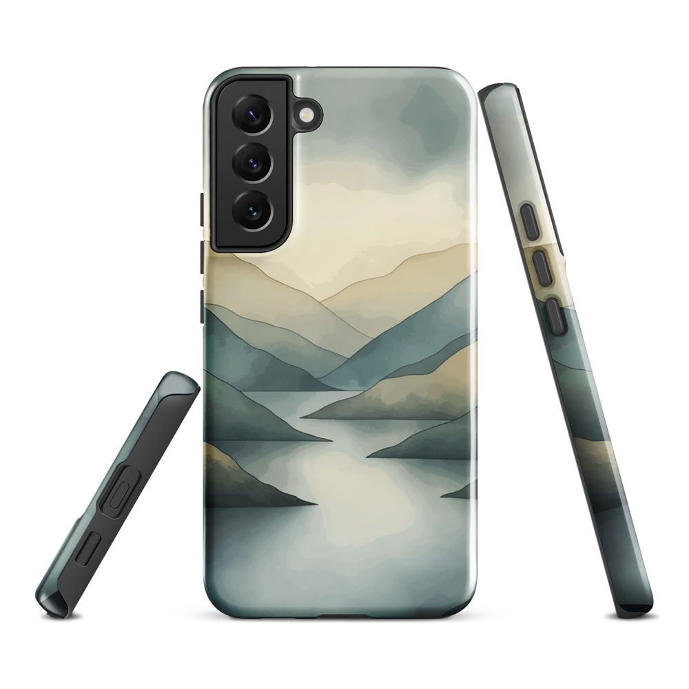 Phone case with soft mountain and valley design in misty green, blue, and golden tones