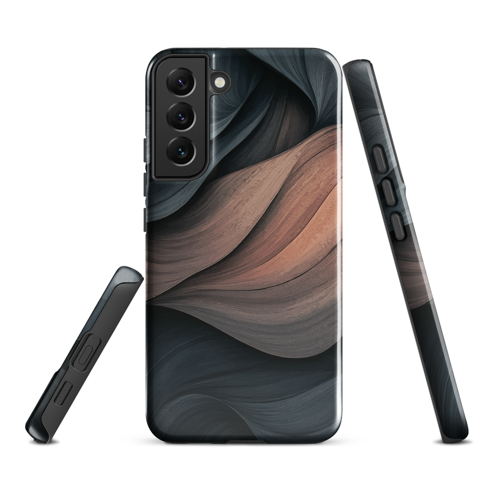 Phone case with flowing abstract design in black, copper and charcoal tones, inspired by dusk shadows