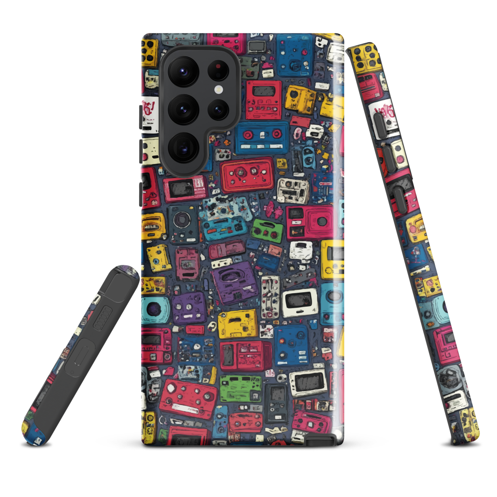 'Arcade' Samsung case, featuring a vibrant collage of hand-drawn controllers in bold, vintage-inspired colours. From electric blue and hot pink to classic black and yellow