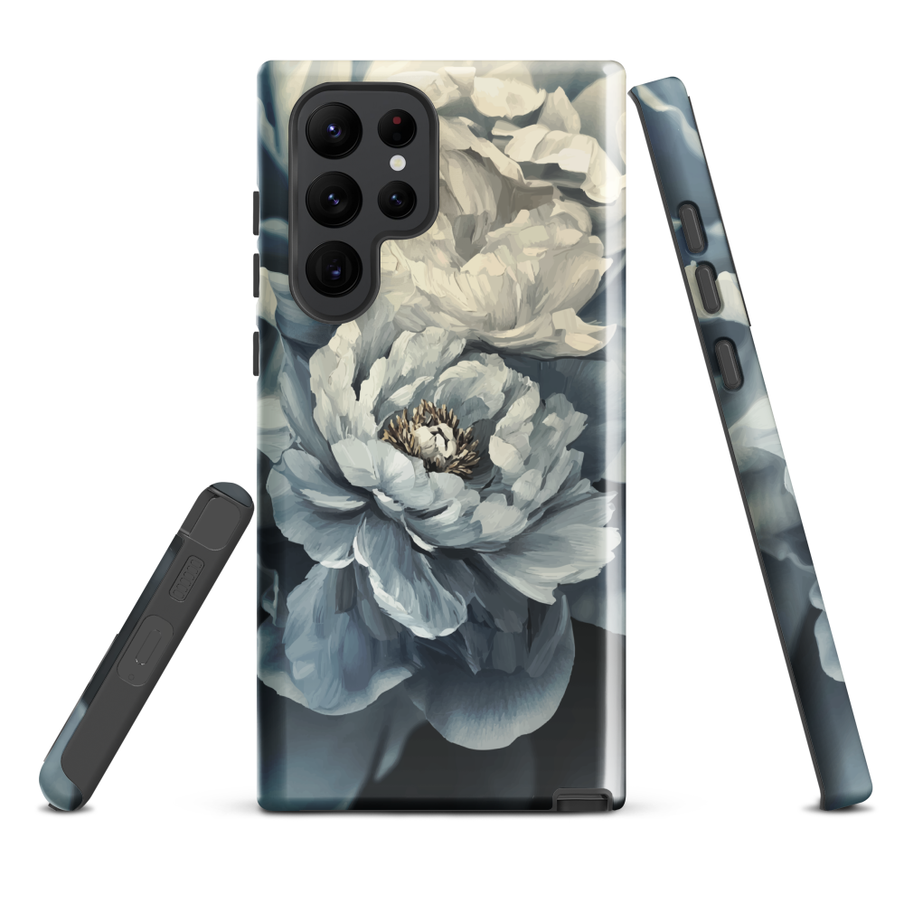 'Whisper' Samsung case features a stunning close-up of softly painted peony blooms in dreamy shades of ivory, grey, and smoky blue.