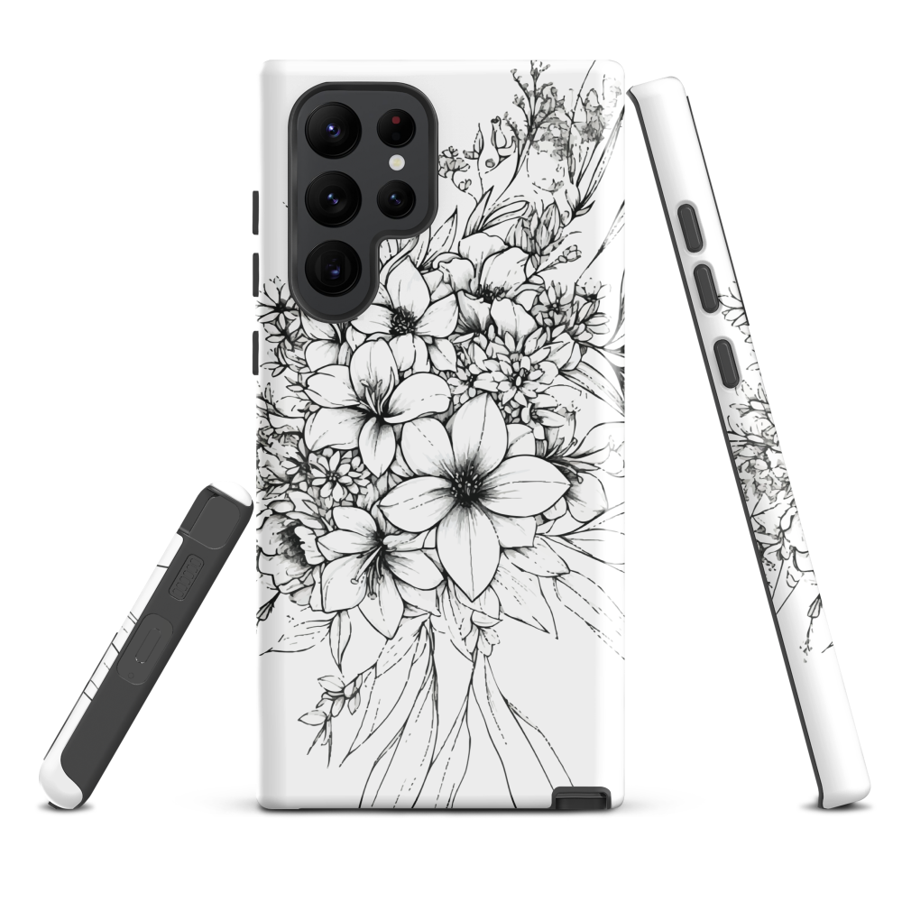 Black and white floral phone case with hand-drawn lilies and wildflowers