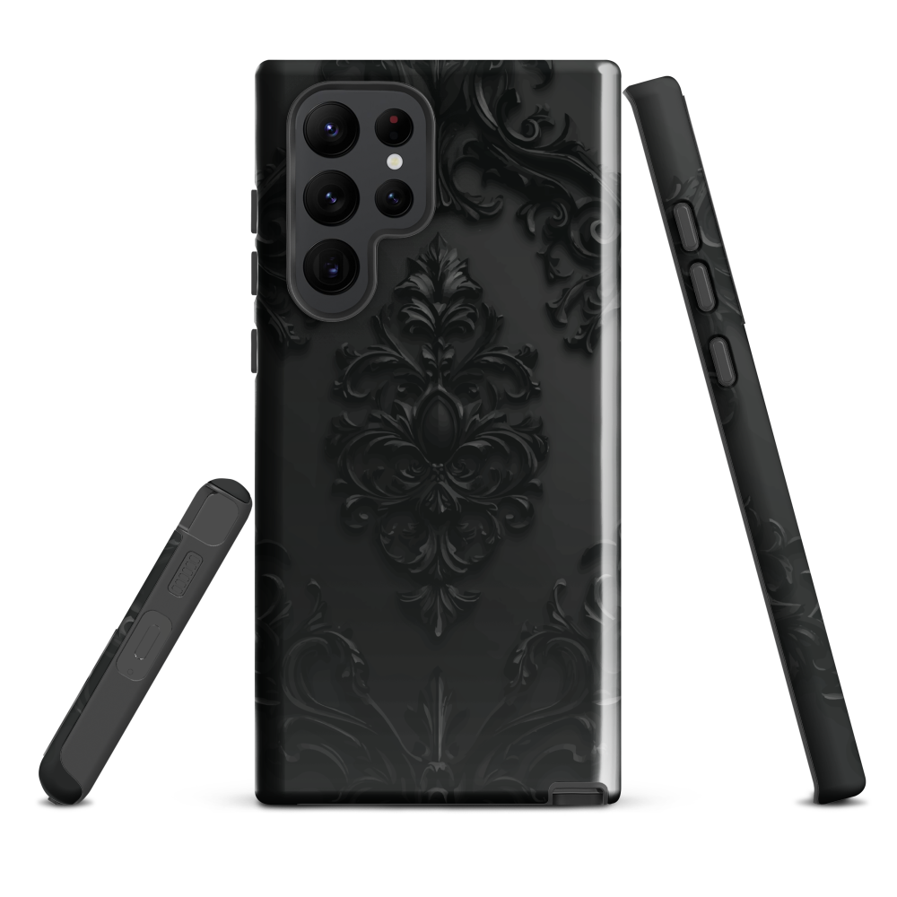 Black embossed damask phone case with gothic baroque pattern.