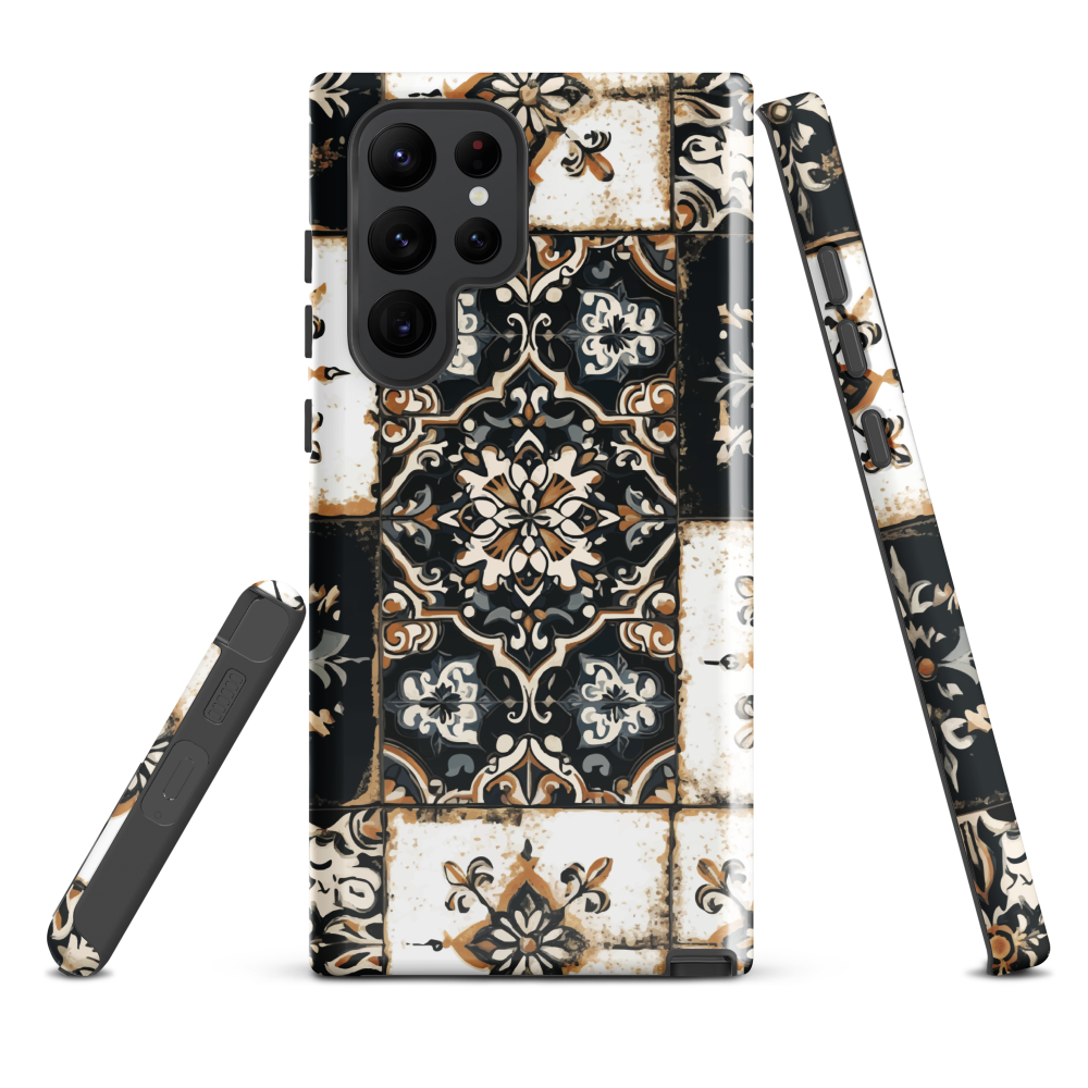 Moroccan tile pattern phone case in black, white, and gold tones with vintage-inspired design.