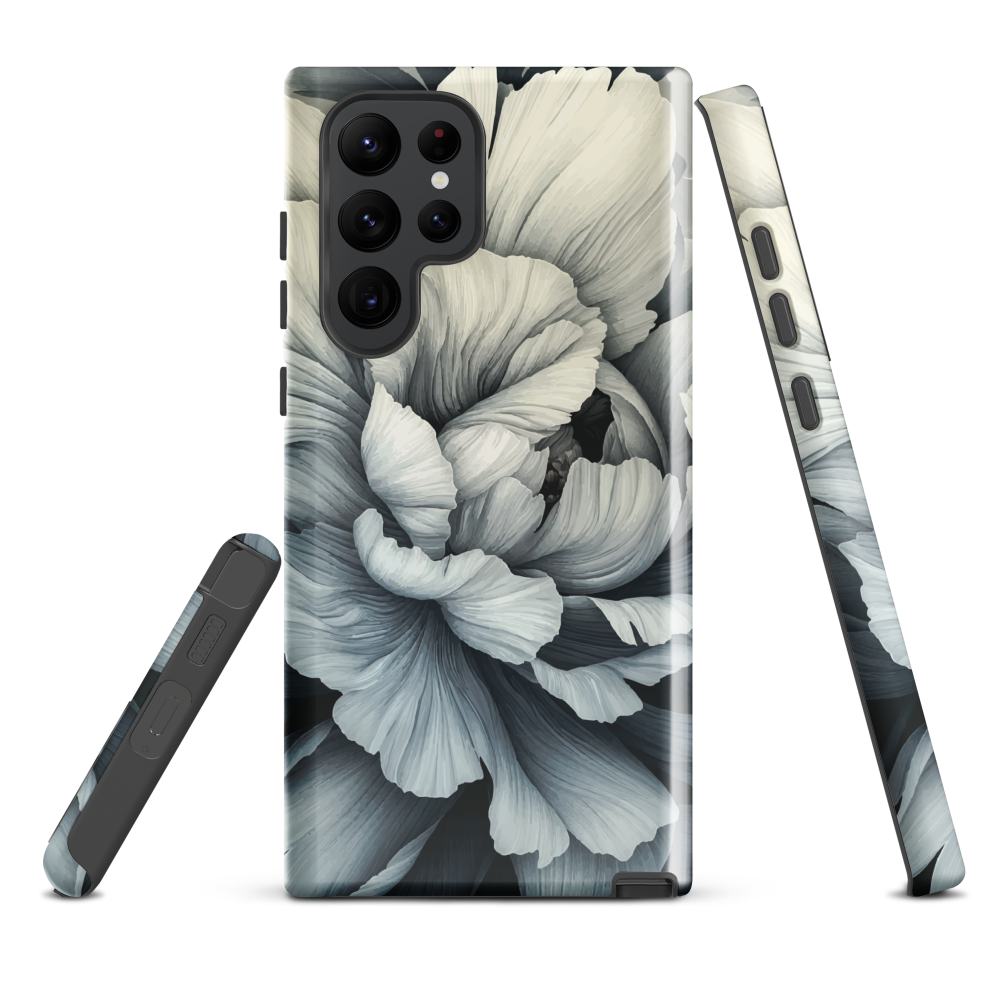 Black and white floral phone case featuring a soft, moody peony design by New Zealand artist Ben Hart.