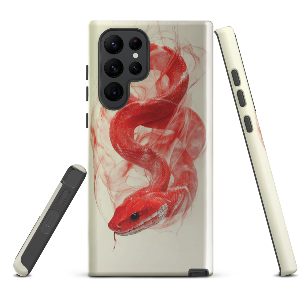Phone case with red snake design on a cream background, coiled in smoky detail. Bold artwork by NZ designer Ben Hart.