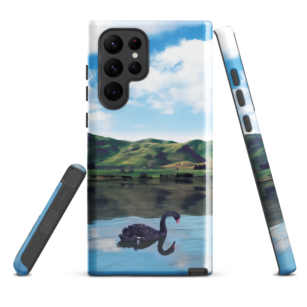Phone case with a black swan on a calm lake, New Zealand hills in the background. Art by NZ designer Ben Hart.