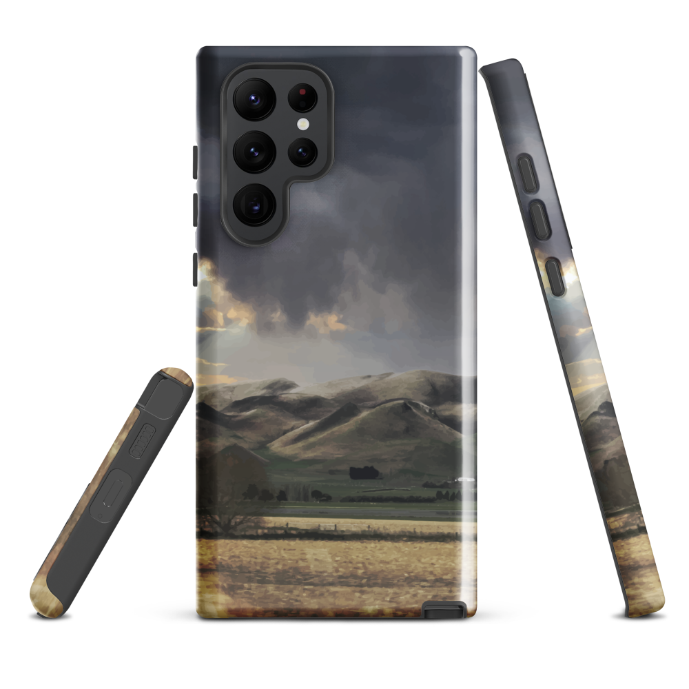 Designer phone case with NZ landscape painting of Te Hauke and cloudy skies by Ben Hart.
