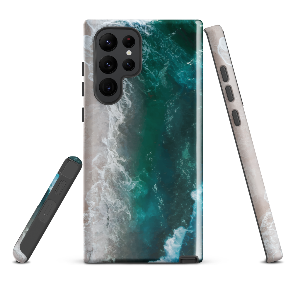 Ocean wave phone case with abstract beach design in teal and white, by NZ artist Ben Hart.