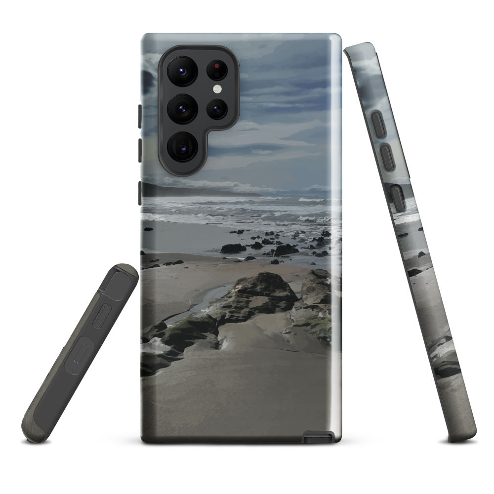 Phone case with artwork of Riversdale Beach, Masterton – rocks, waves and sky by NZ artist Ben Hart.