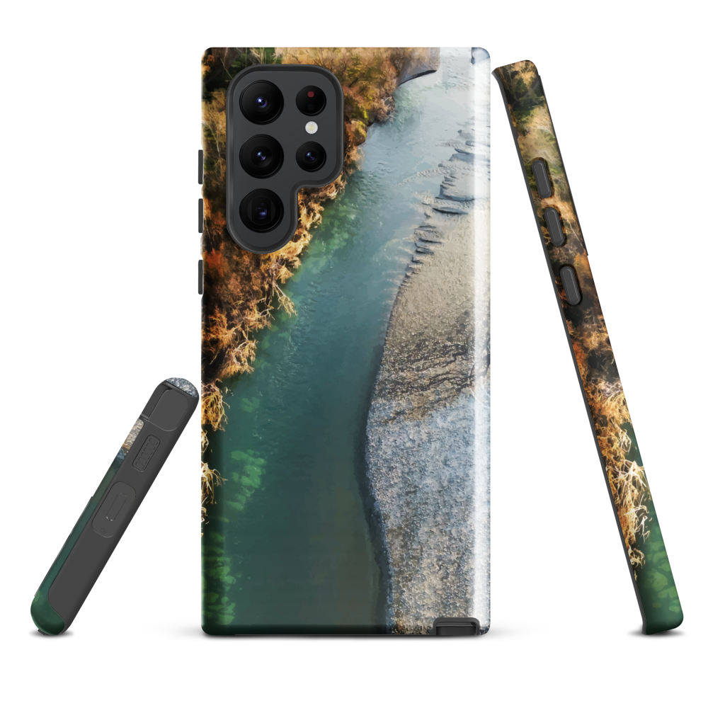 Phone case with aerial riverbend artwork and earthy tones, designed by New Zealand artist Ben Hart.