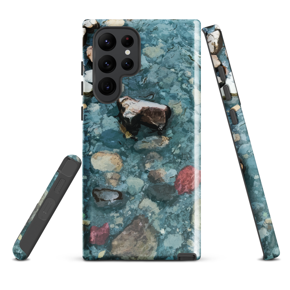 Washed Away designer phone case with abstract river stone artwork in earthy blues and natural tones.