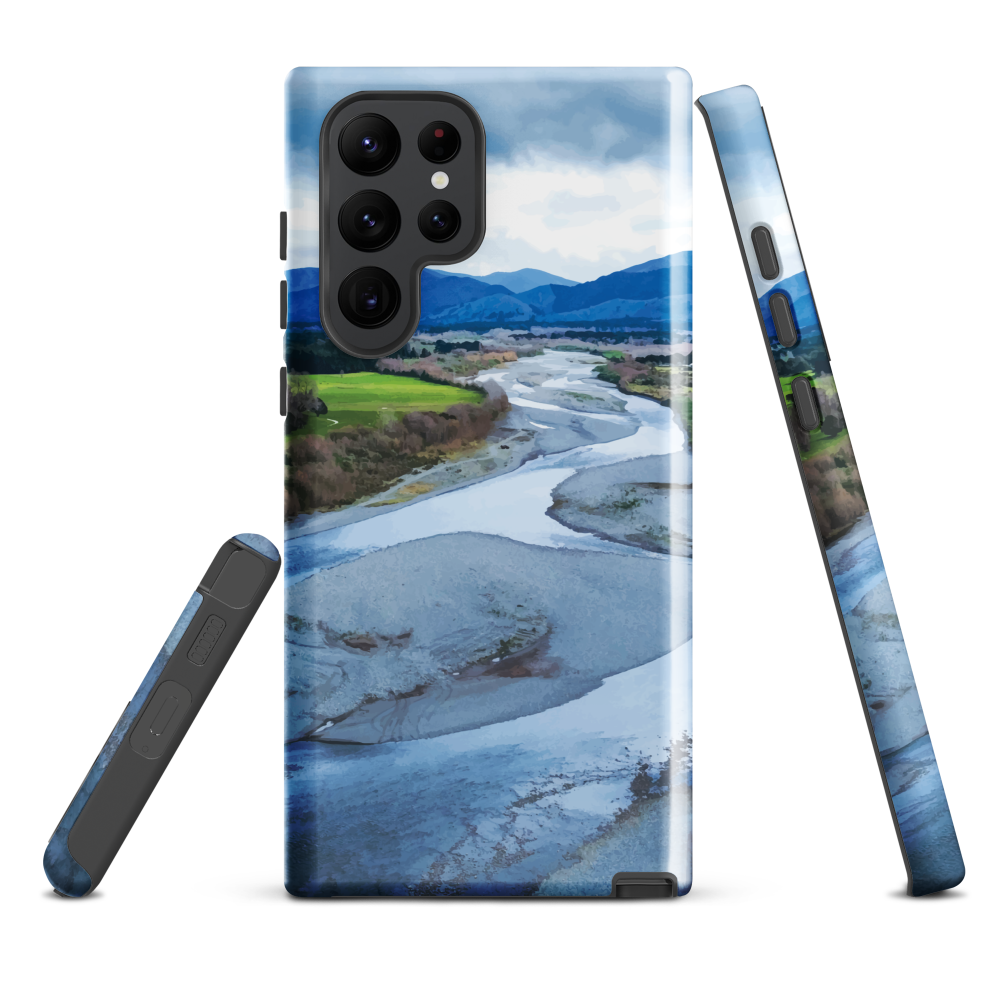 Waiohine phone case featuring artwork of New Zealand’s braided riverbed landscape in the Wairarapa.