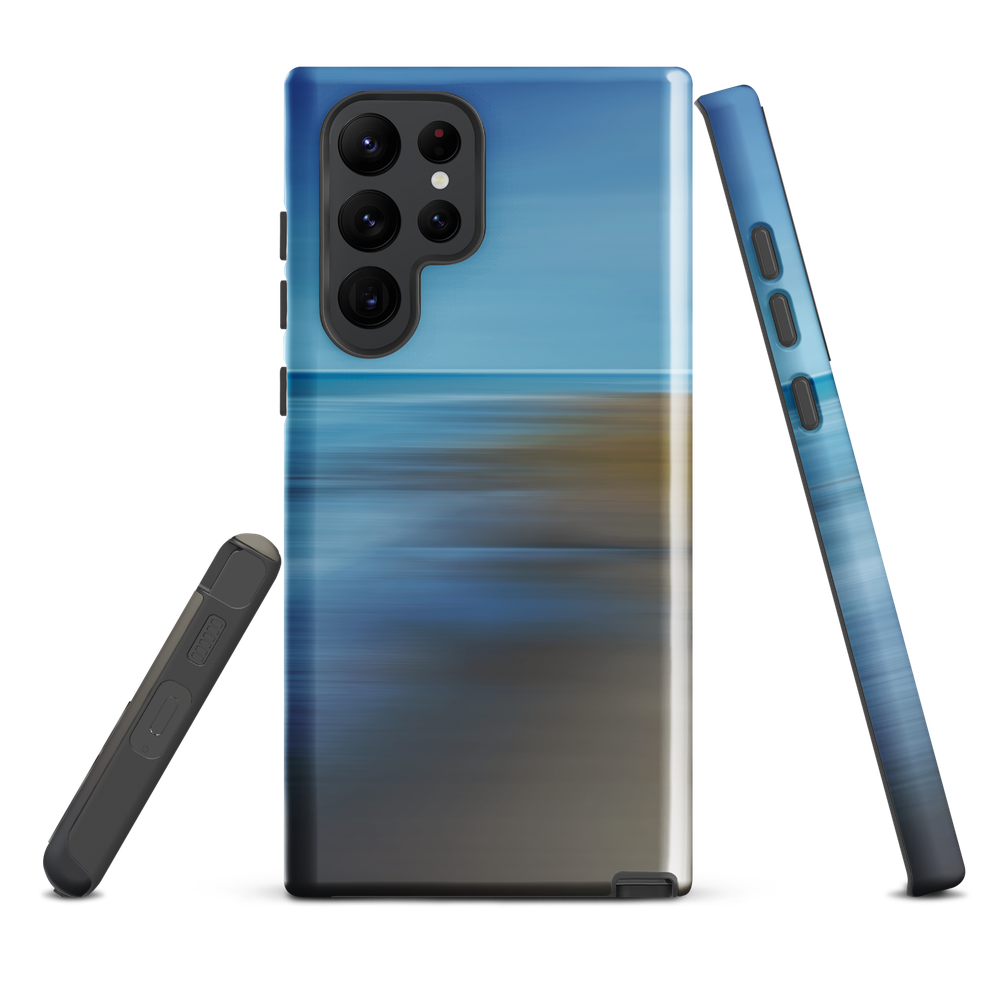 Ocean Breeze phone case with abstract blue and sandy tones inspired by sea and sky.