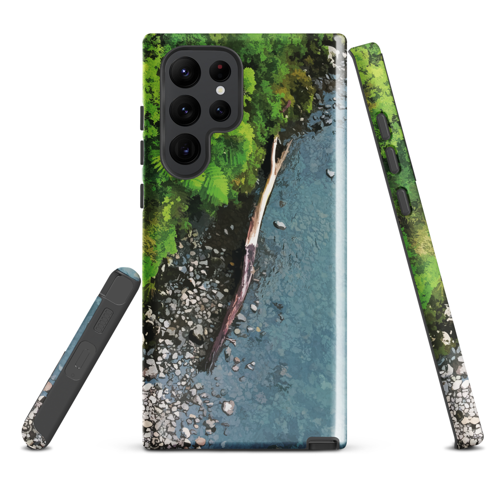 Resting Place phone case with aerial artwork of river rocks, green bush, and driftwood in a New Zealand stream.